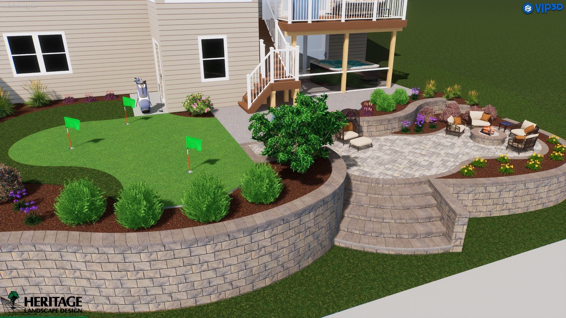 A 3D landscape design rendering showing a home with a tiered stone retaining wall, putting green, and patio fire pit area.