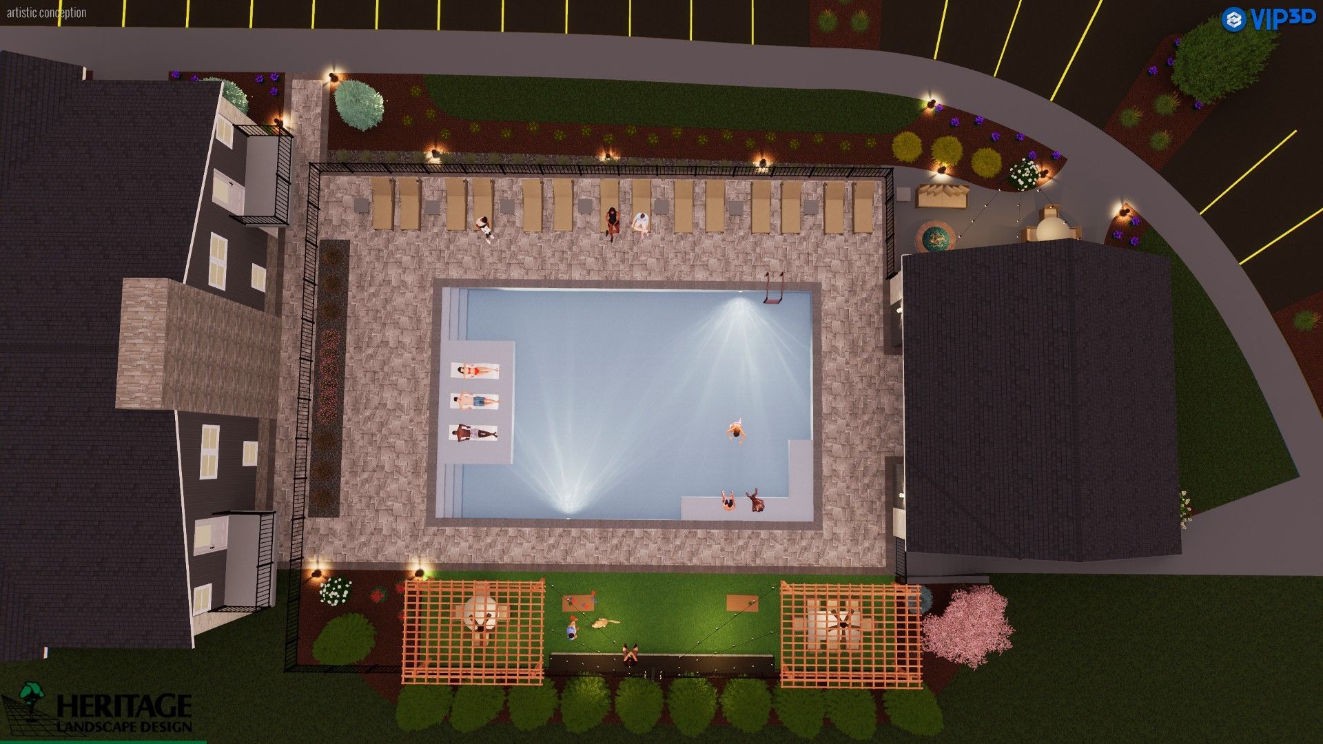 Aerial view of a swimming pool at night with lounge chairs, two pergolas, and stone patio surrounded by a dark yard.