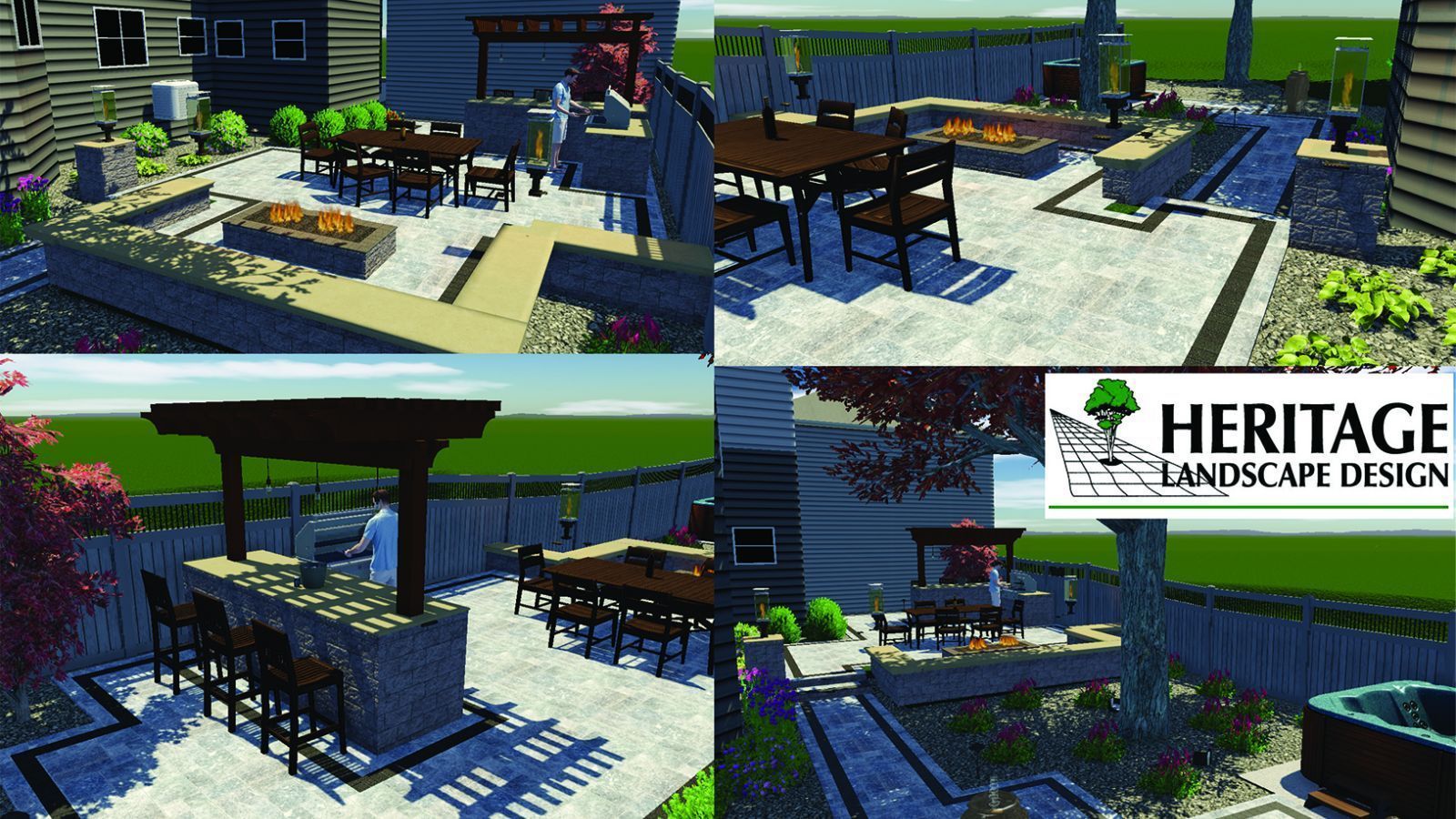 A collage showing multiple 3D digital renderings of a backyard patio design with an outdoor kitchen, bar, and fire pit.