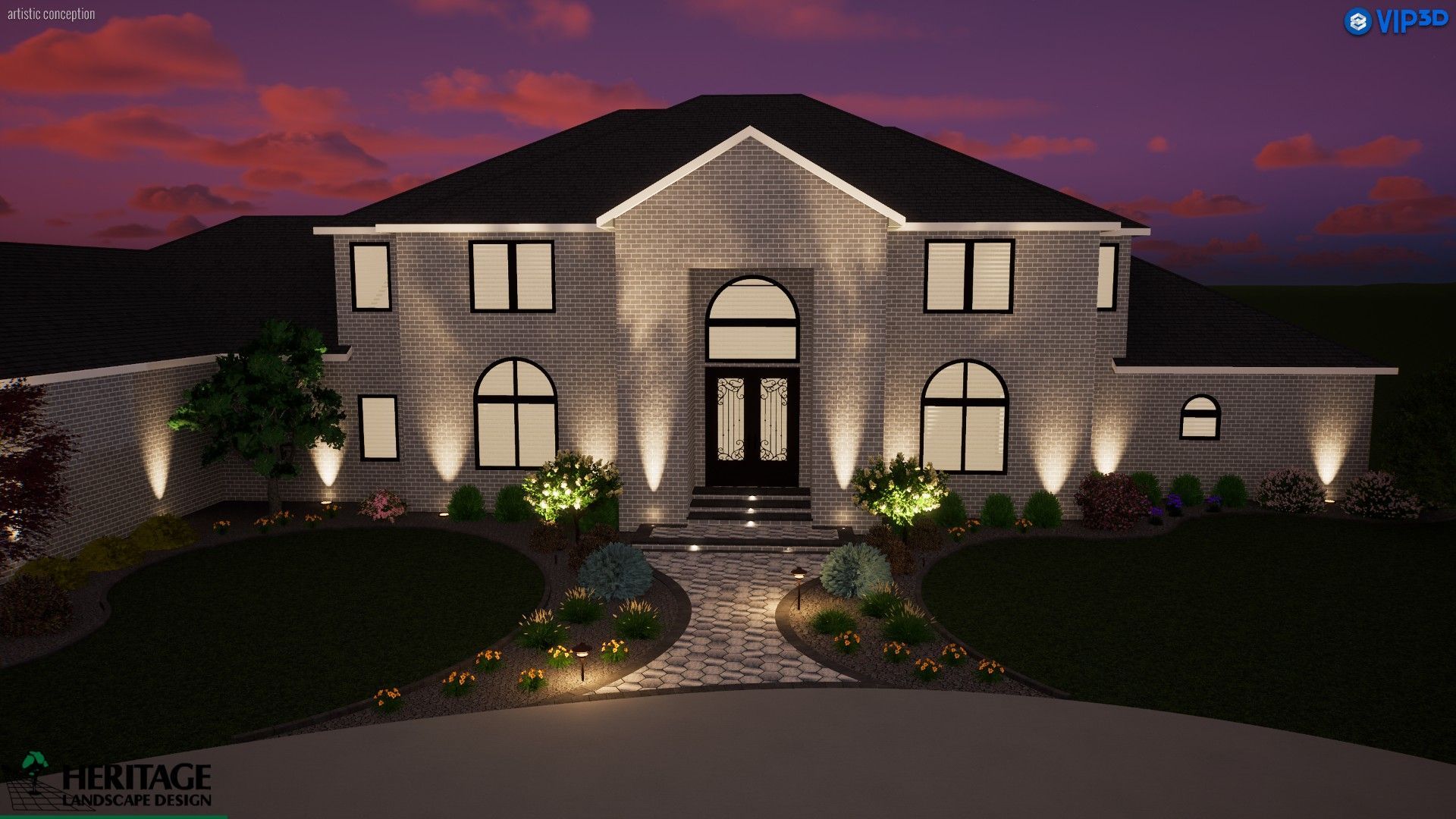 A digital rendering of a two-story house at dusk, featuring landscape accent lighting illuminating the exterior and path.