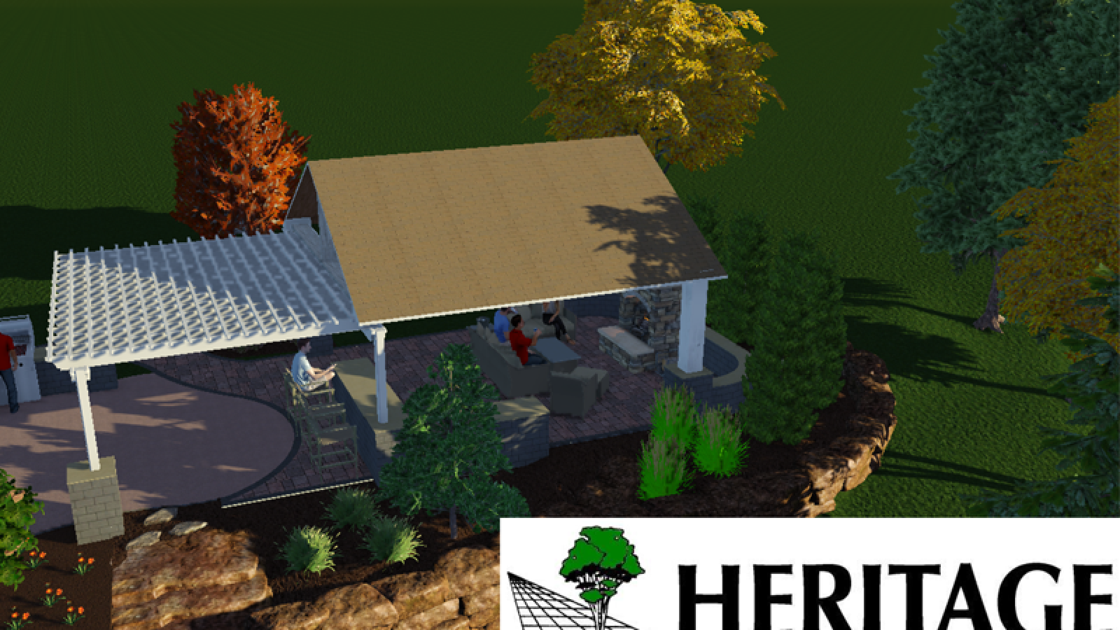 Digital rendering of an outdoor patio with a covered pergola and seating area, surrounded by trees and landscaping.