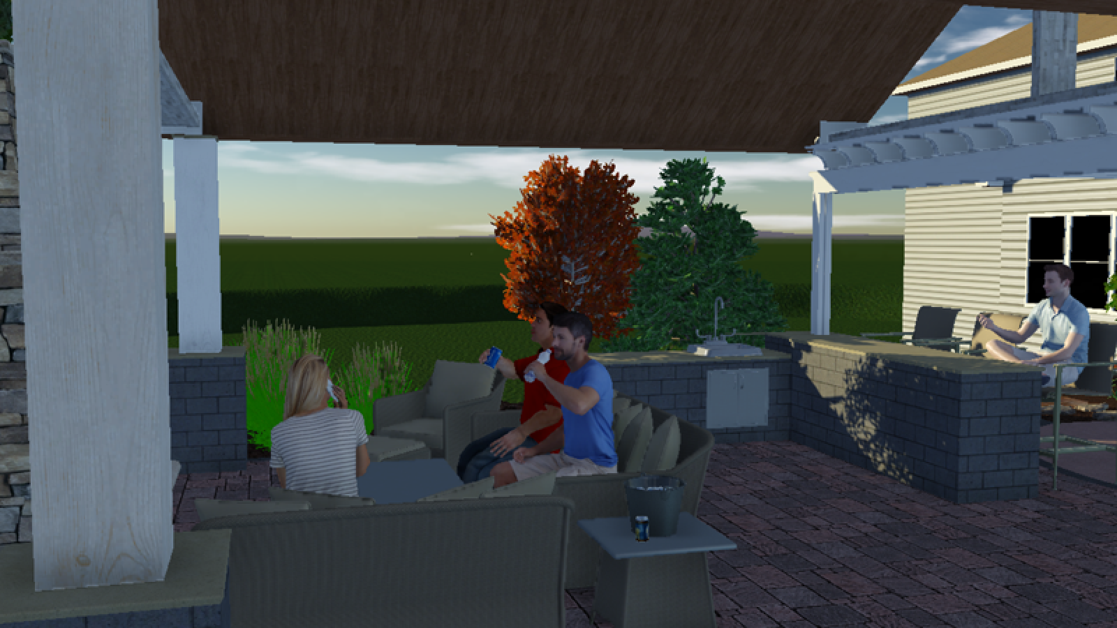 A 3D rendering of a covered patio with three people sitting in lounge furniture, including a built-in outdoor kitchen.