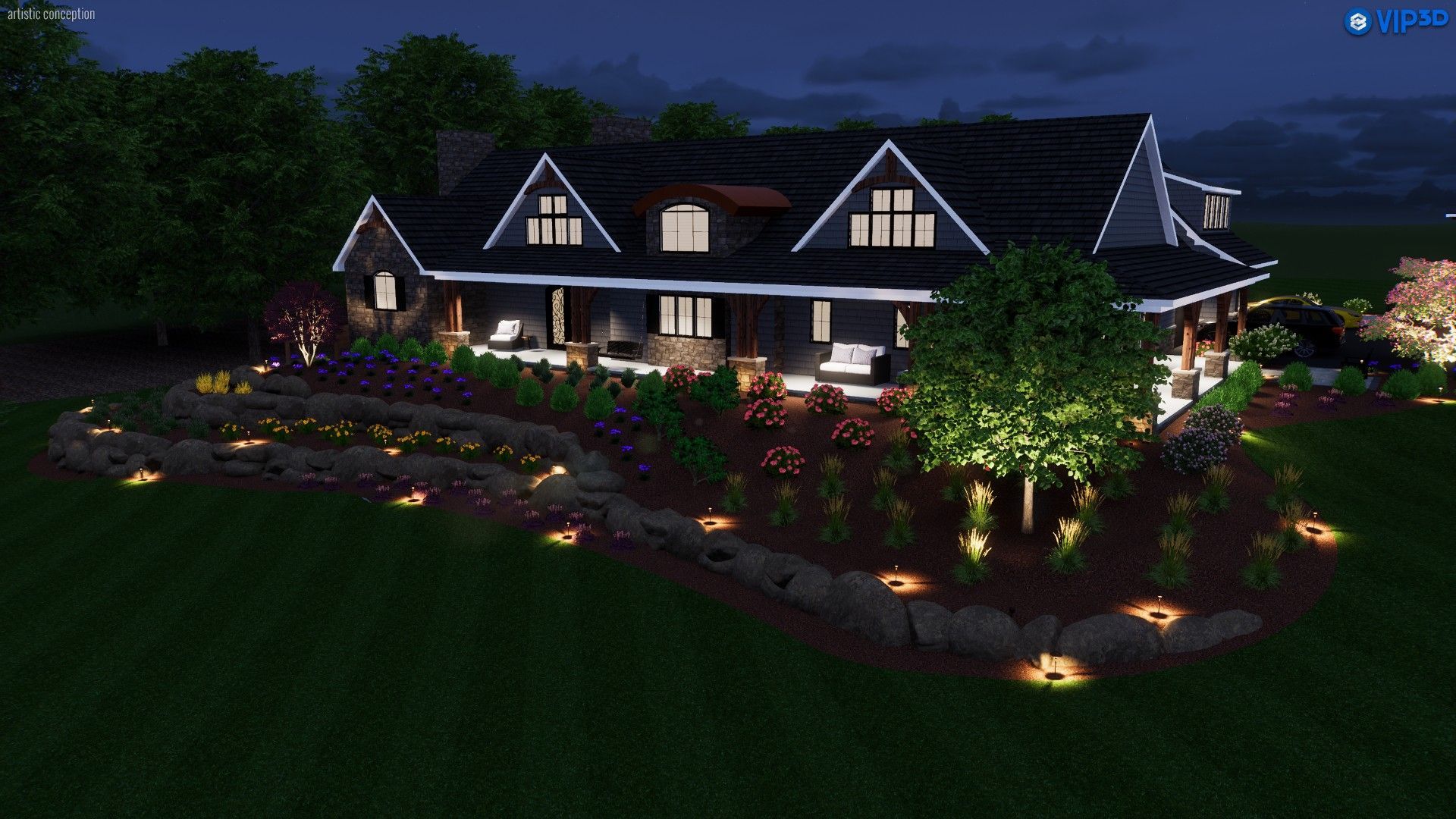 A night view of a dark-colored, multi-gable suburban home illuminated by landscape lighting and a landscaped front yard.