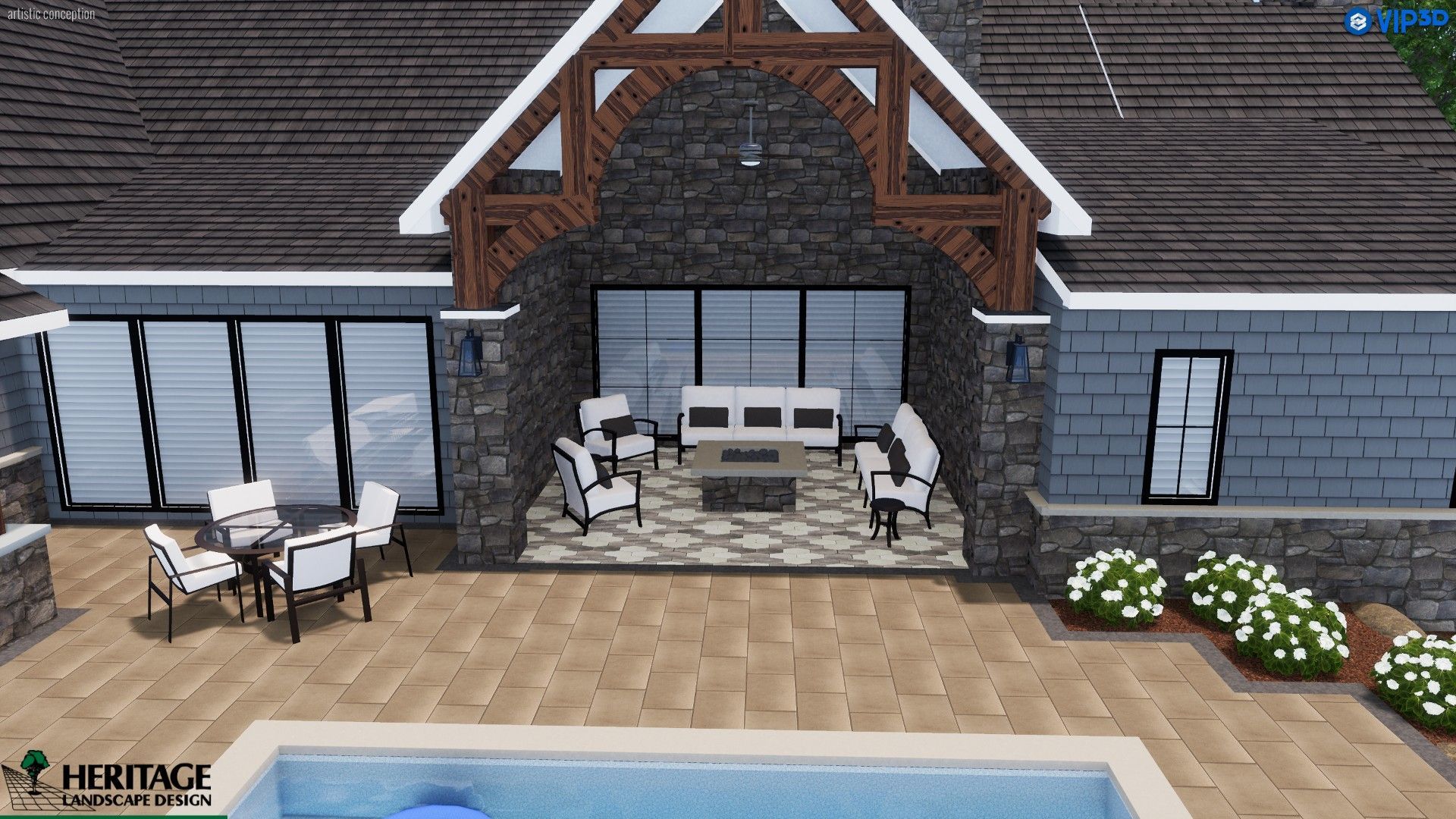 A 3D architectural rendering of a home patio with a covered seating area, fire pit, dining table, and swimming pool.