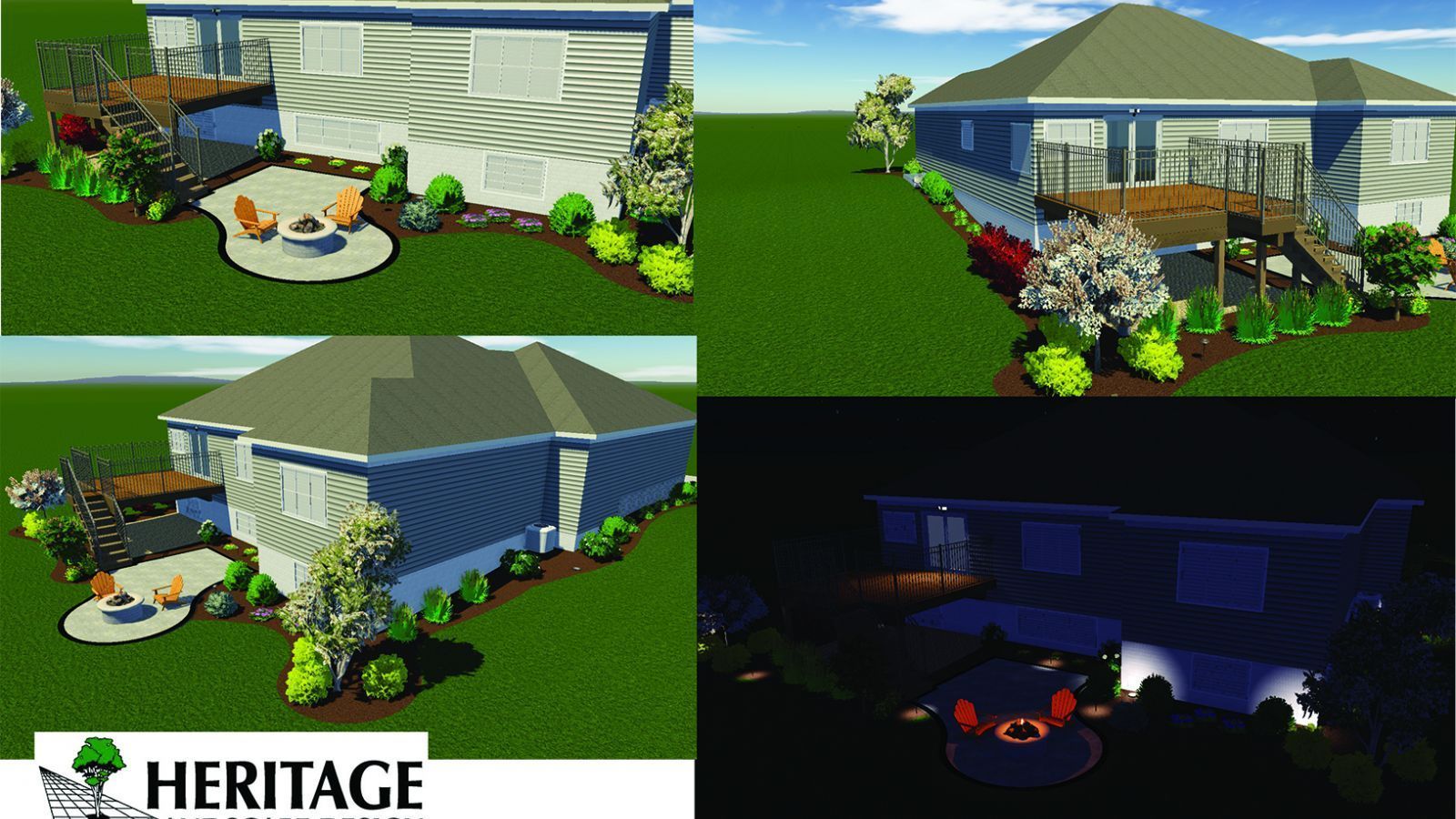 Digital renderings of a blue house with a wooden deck and a patio with a fire pit, shown in daylight and at night.