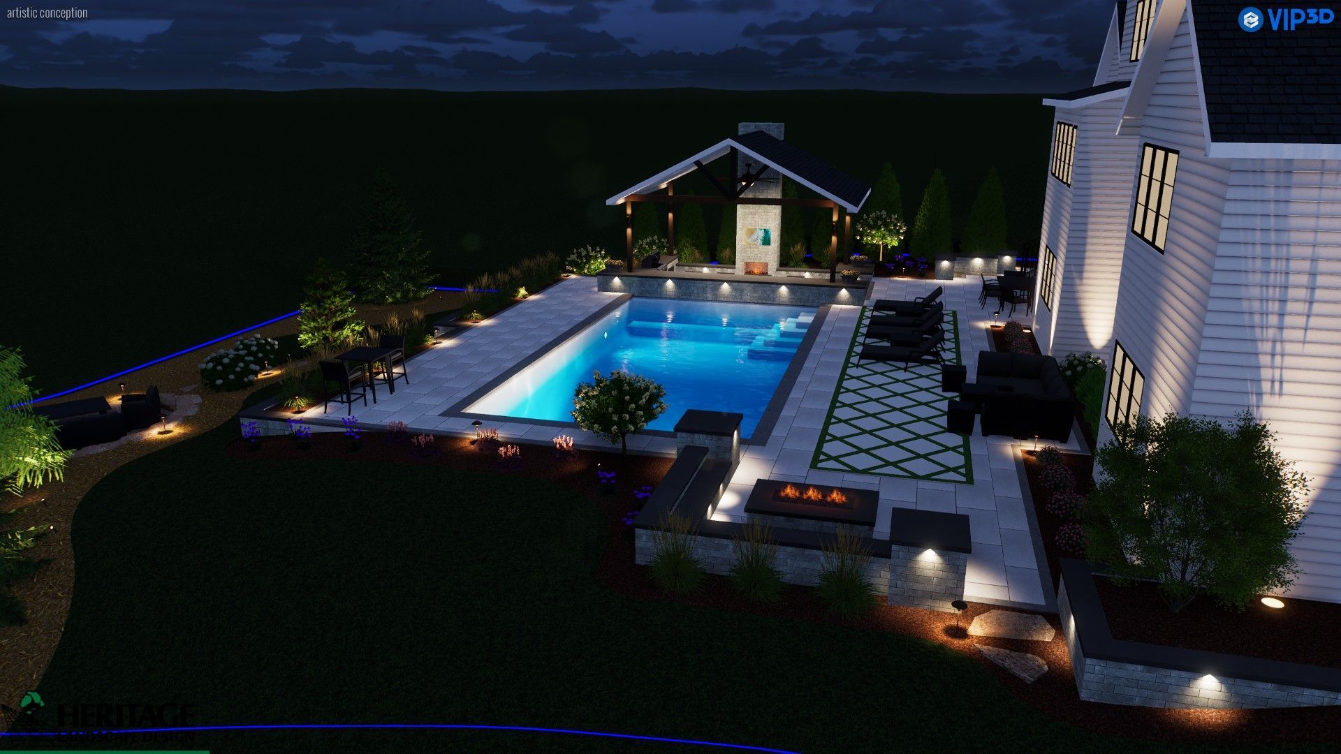 A nocturnal 3D rendering of a luxury backyard with a glowing blue swimming pool, a patio fire pit, and a poolside gazebo.