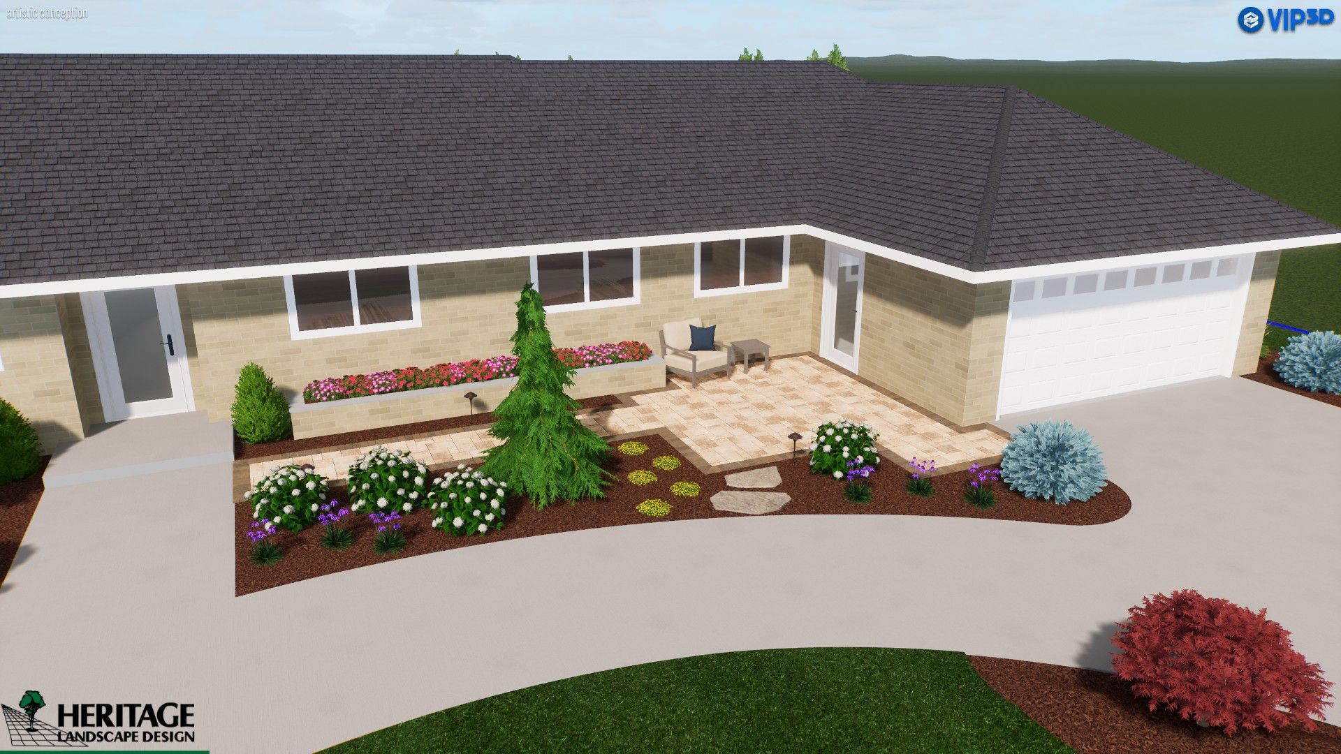 A 3D landscape design rendering showing a beige house with a new stone patio, flower beds, and shrubbery in the front yard.