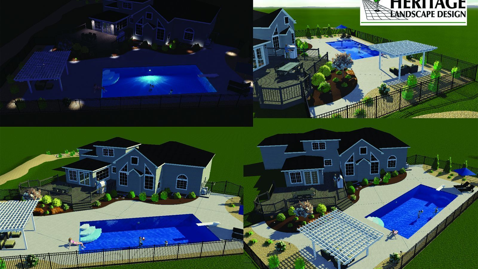 A digital design collage showing various 3D landscape renderings of a house with a swimming pool and patio area.