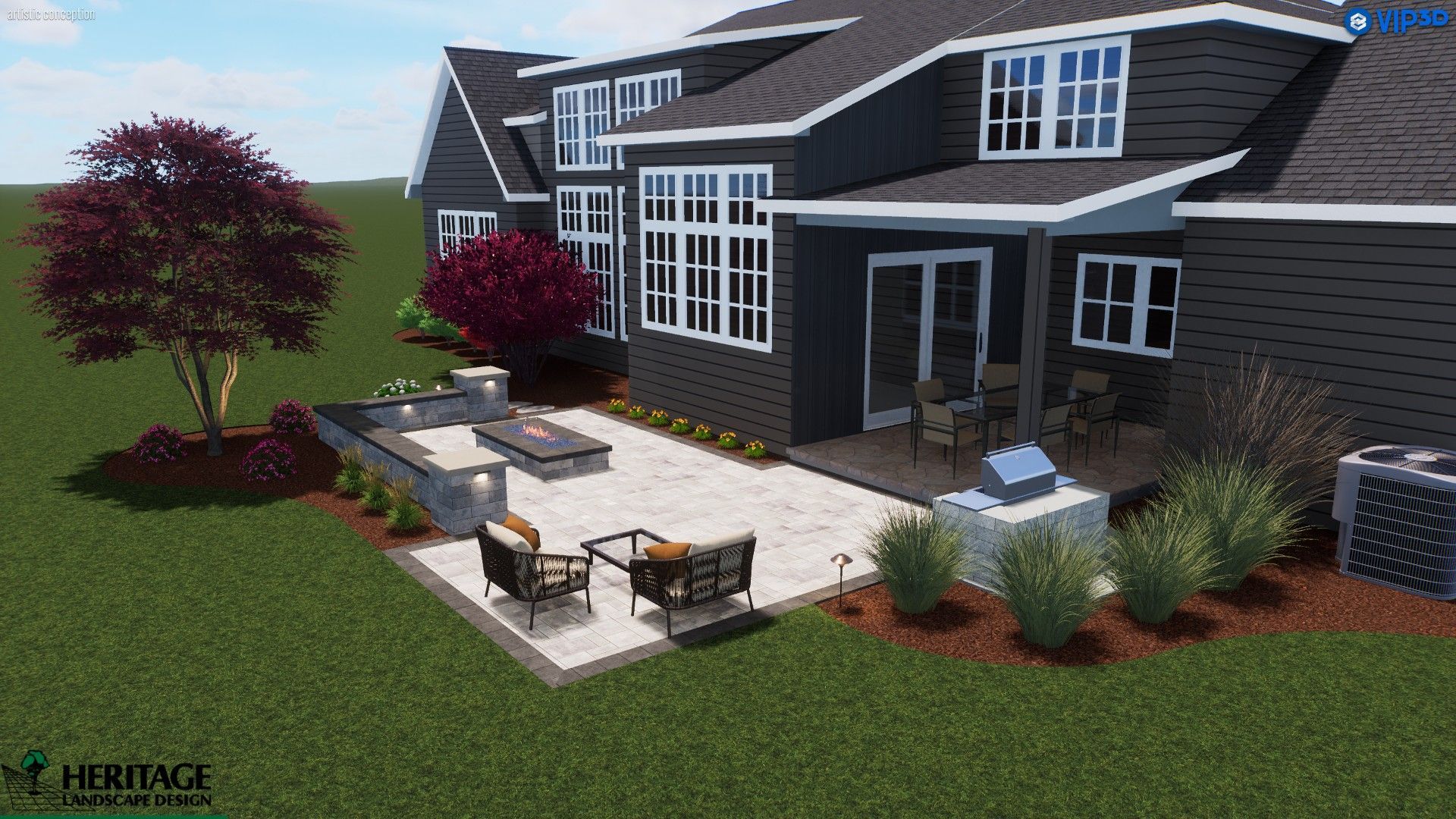 A 3D architectural rendering of a dark-sided house with a stone patio, outdoor seating, a built-in fire pit, and grill.