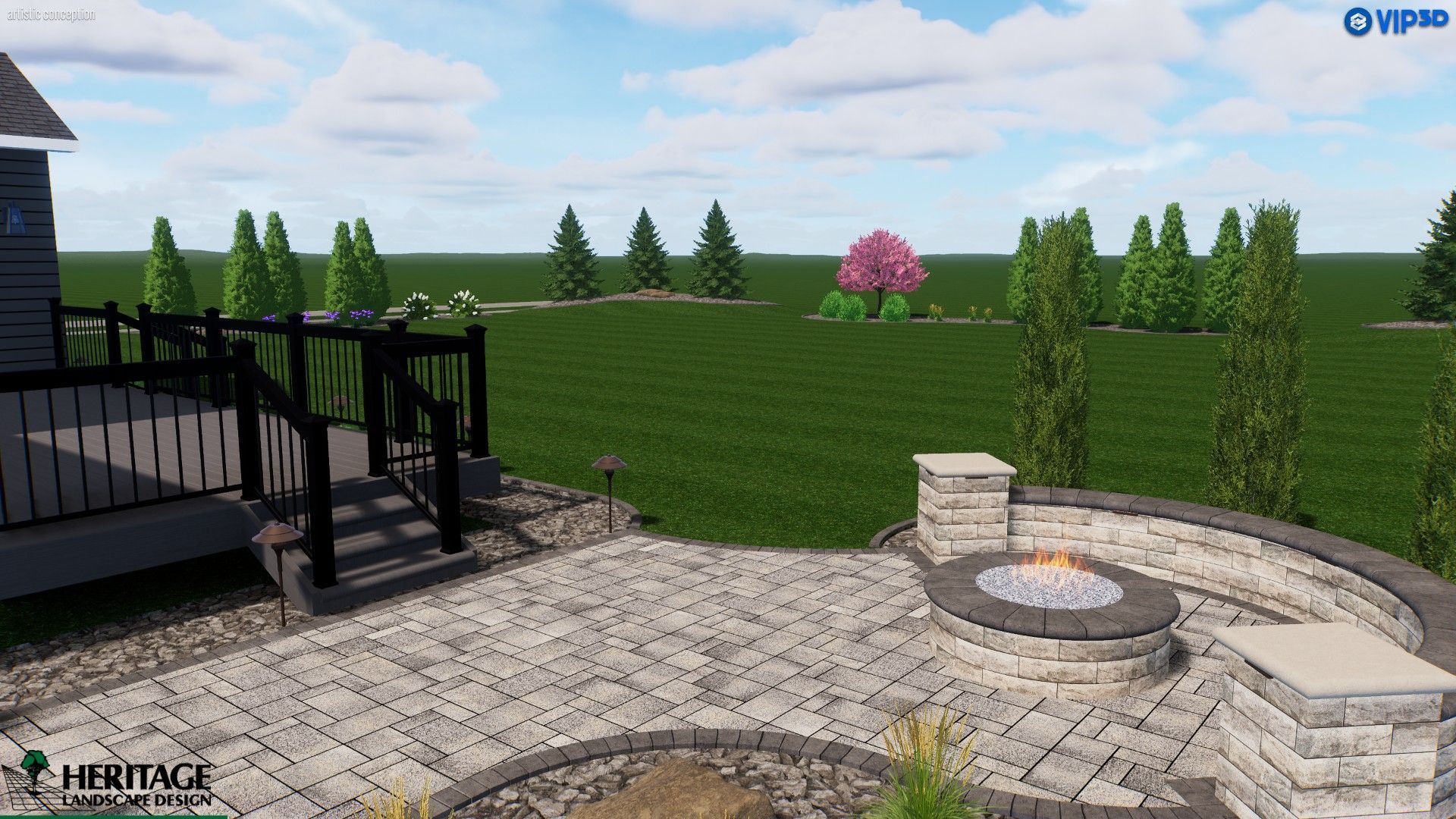 Digital design of a backyard patio featuring a stone fire pit with a curved seat wall, adjacent to a deck and large lawn.