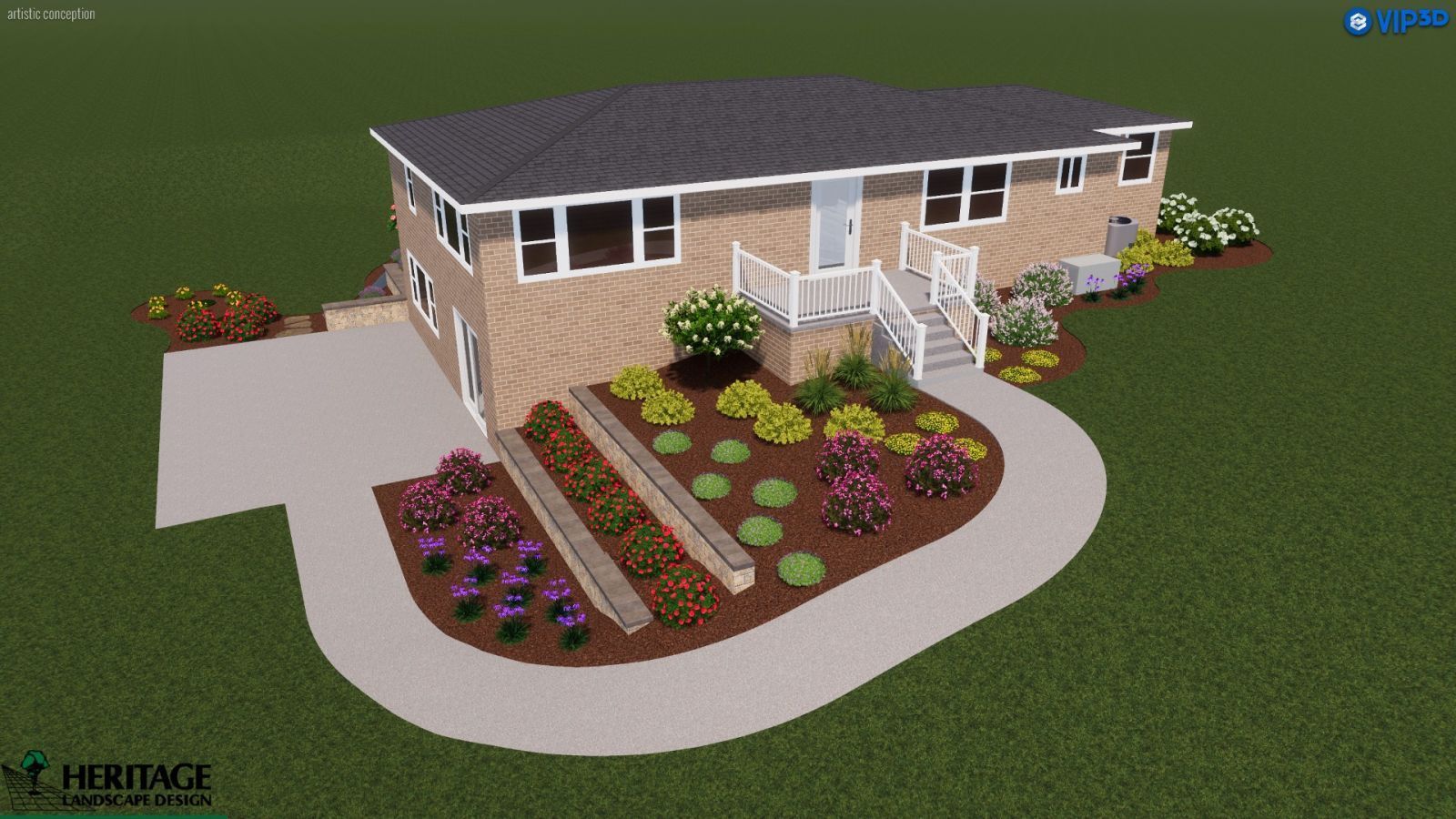 3D landscape design rendering of a house exterior with tiered garden beds, flower plantings, and a paved walkway.