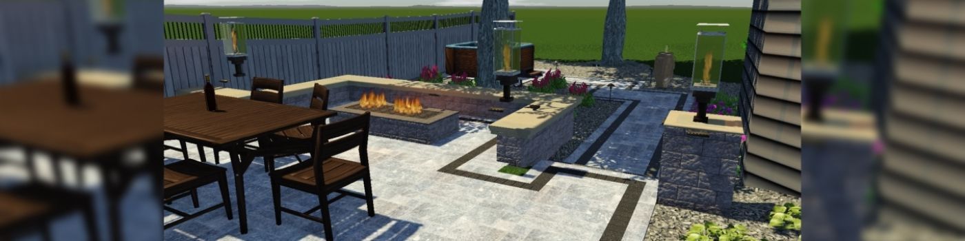 A digital rendering of an outdoor patio with a dining table, seating, a fire pit, and a water feature on a stone floor.