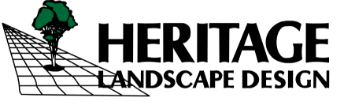The logo for Heritage Landscape Design featuring a green tree on a grid-patterned path next to bold, black text.
