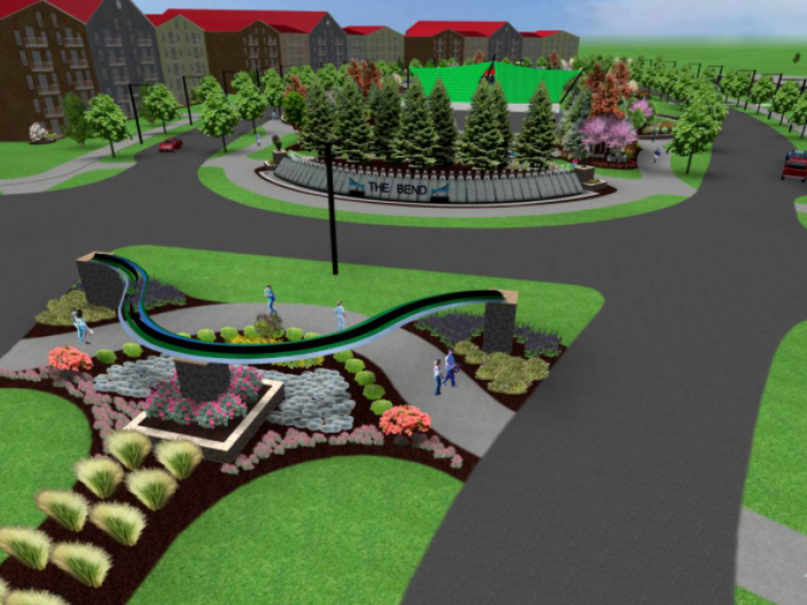 A 3D architectural rendering of a park with a modern, curved water feature, landscaping, and a circular road.