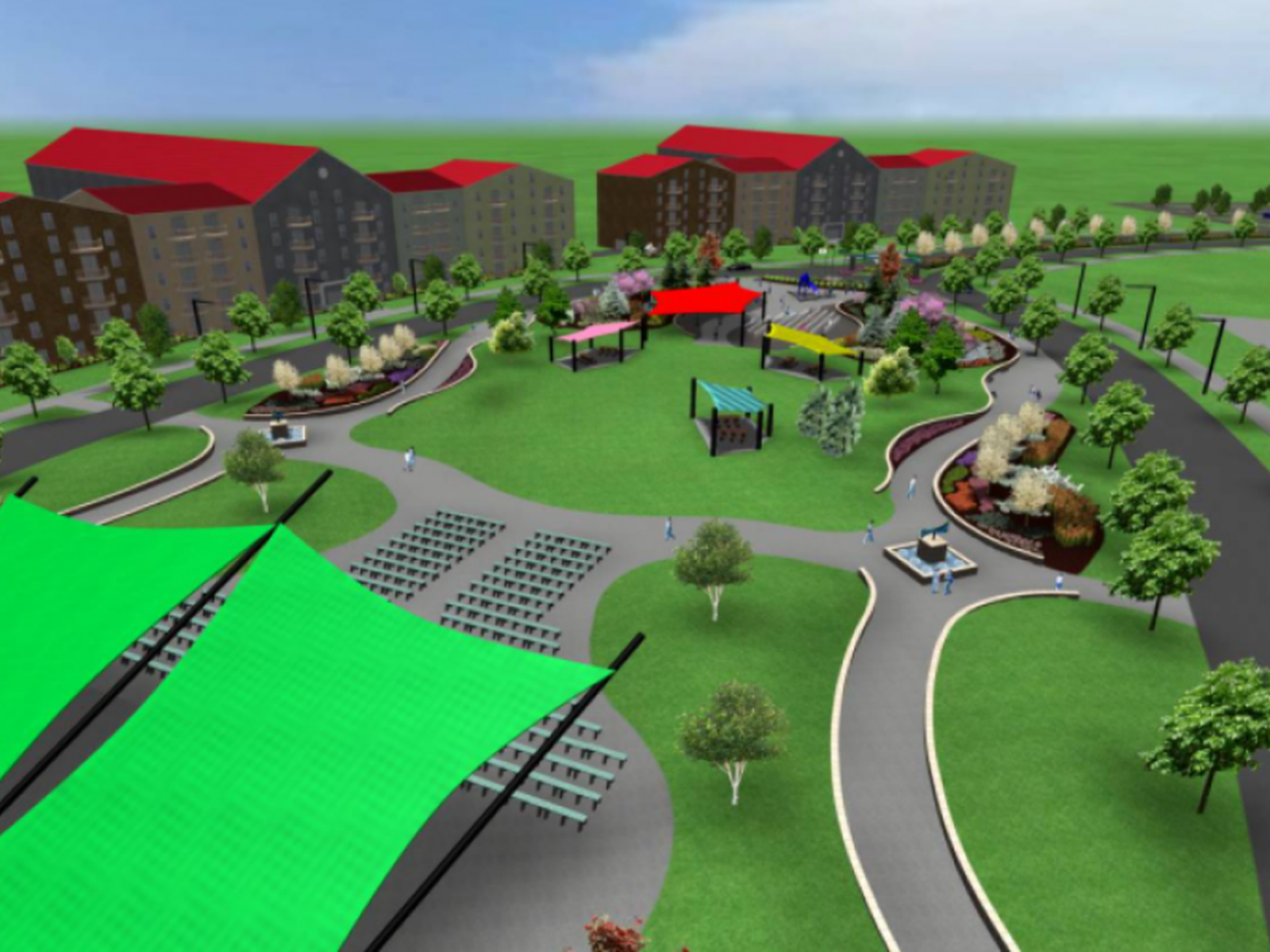 A 3D render of a community park featuring a green lawn, shaded seating, a playground, paved paths, and apartment buildings.