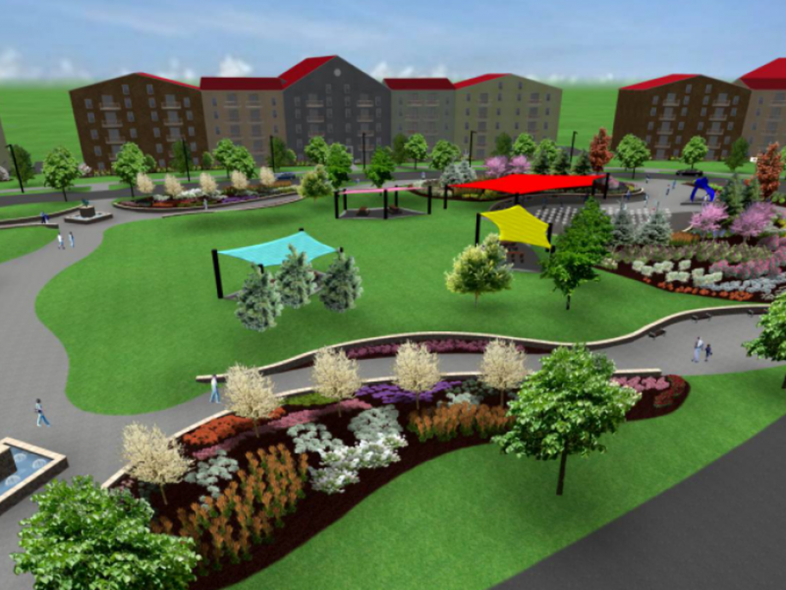 A digital architectural rendering of a public park featuring colorful shade structures, walking paths, and landscaping.