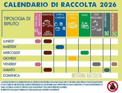 Calendario di raccolta rifiuti 2026 colorato, con giorni della settimana e tipologie di raccolta