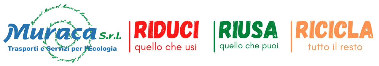 Striscione con il logo Muraca e la scritta “RIDUCI, RIUSA, RICICLA” in rosso, verde e arancione.