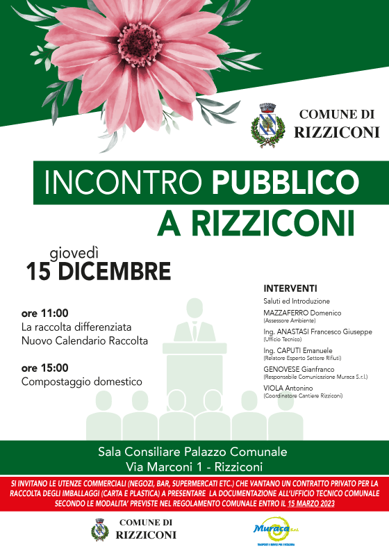 Manifesto verde e bianco per incontro pubblico a Rizziconi, con data 15 dicembre e logo del Comune