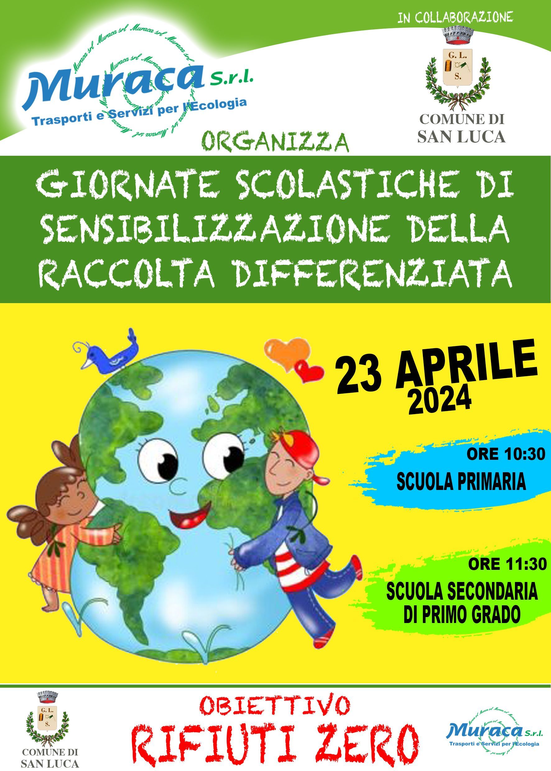 Poster for “Giornate scolastiche di sensibilizzazione della raccolta differenziata” with Earth cartoon and event details.