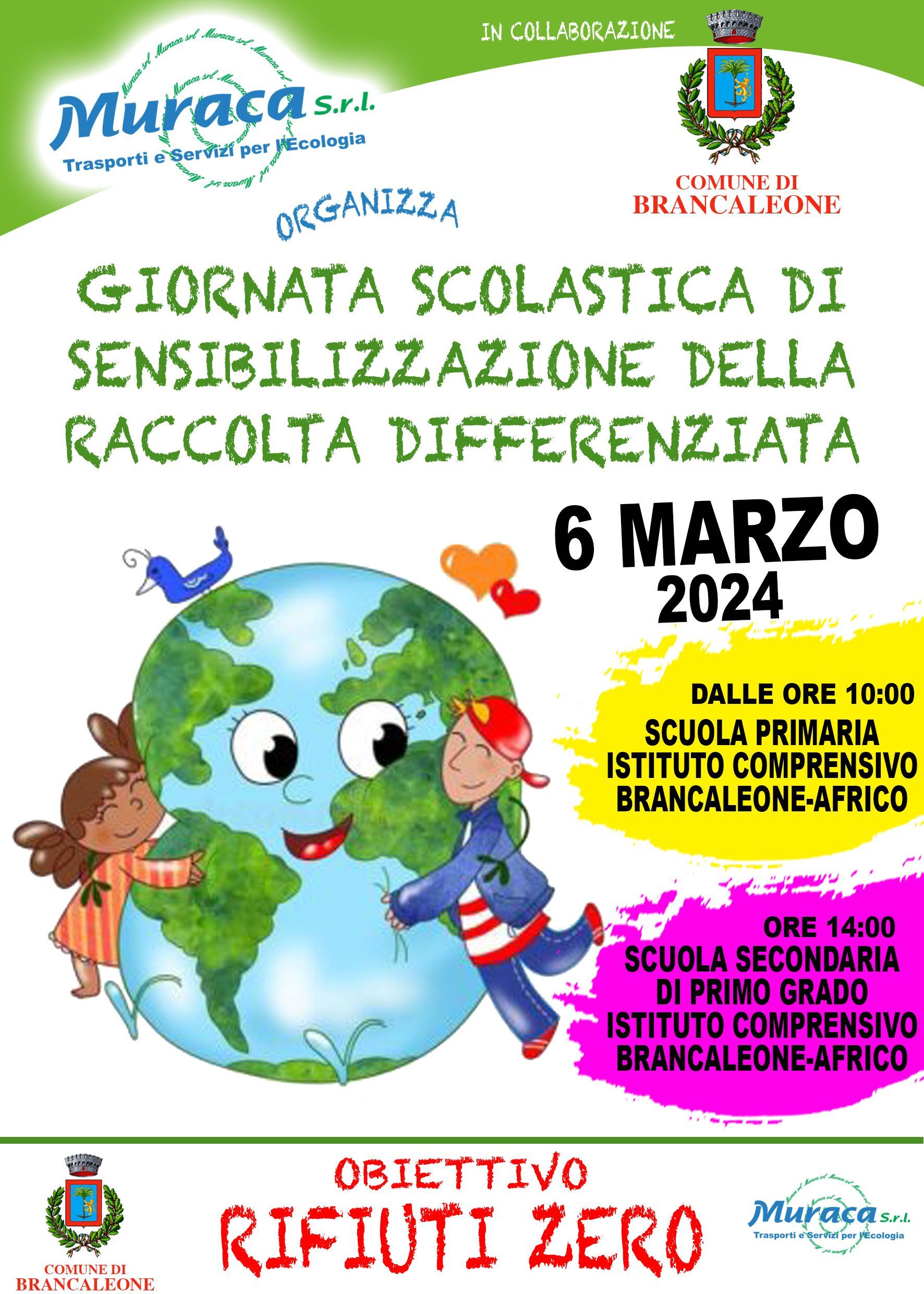 Manifesto per una giornata scolastica di sensibilizzazione al riciclo, con la Terra e i bambini, testo verde e arancione, datato 6 marzo 2024.