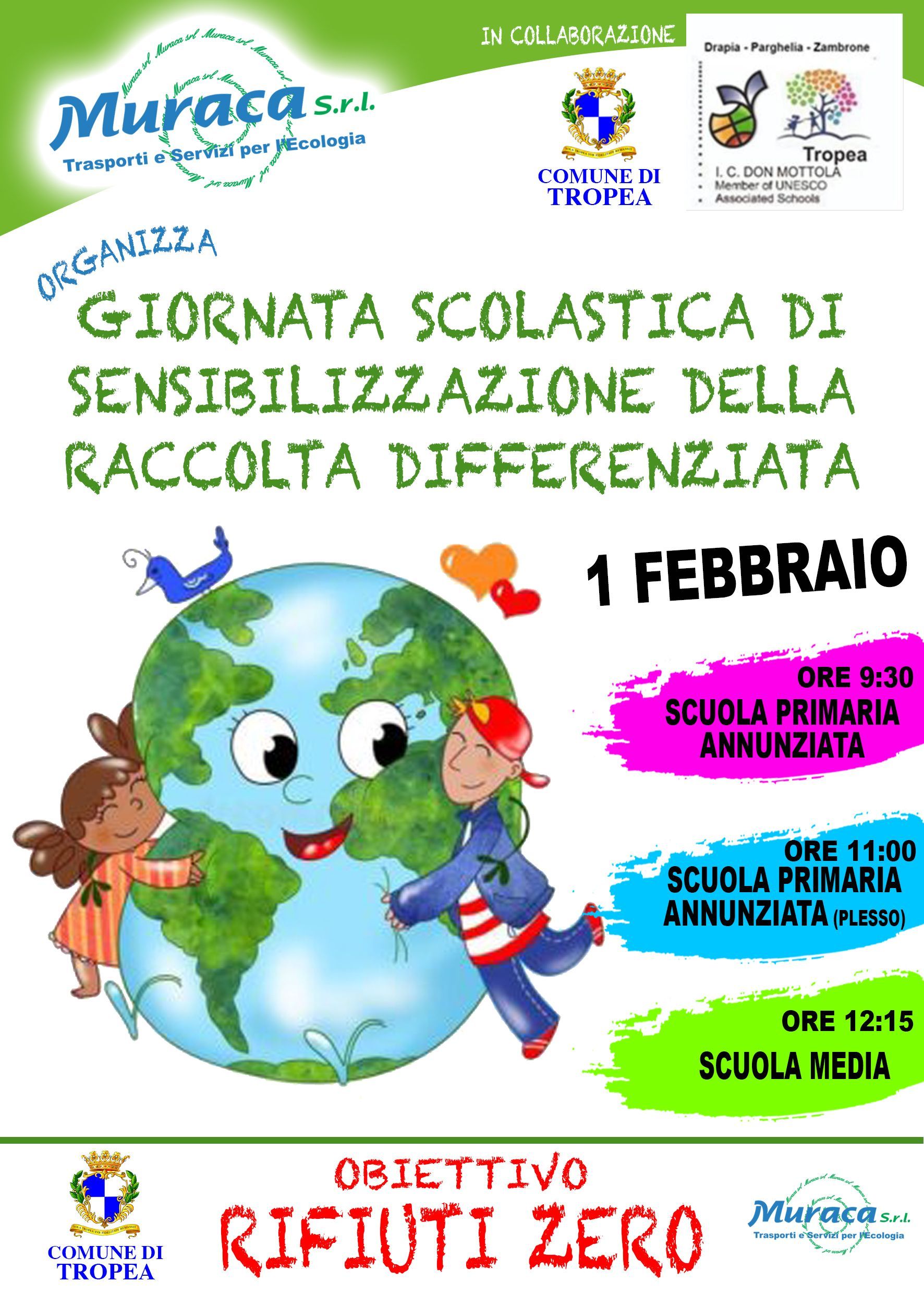 Locandina sulla raccolta differenziata con Terra sorridente, bambini e date degli incontri scolastici in italiano