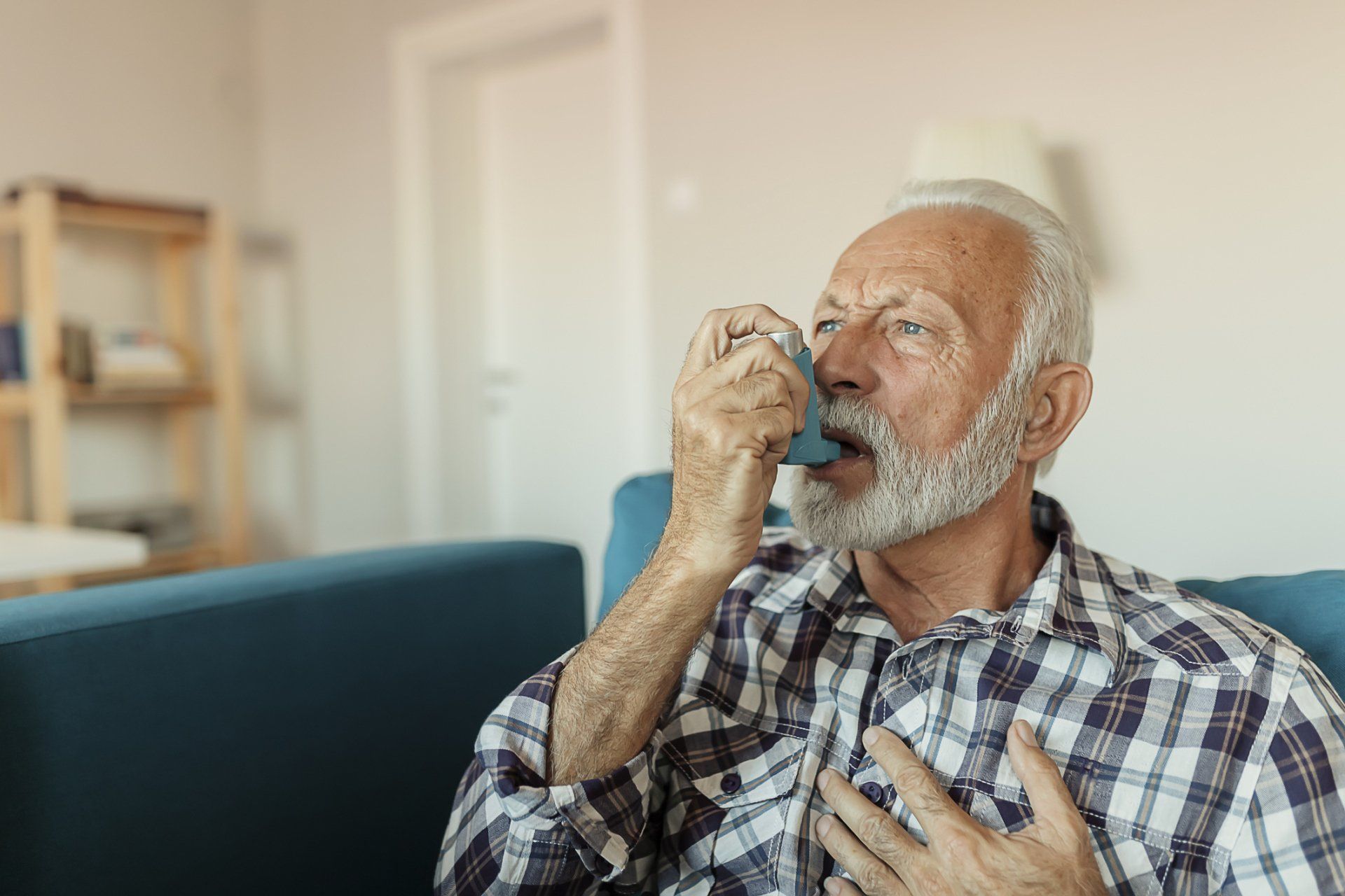 Old Man Using Inhaler — Sewickley, PA — Sta So Cool HVAC Old Man Using Inhaler — Sewickley, PA — Sta So Cool HVAC