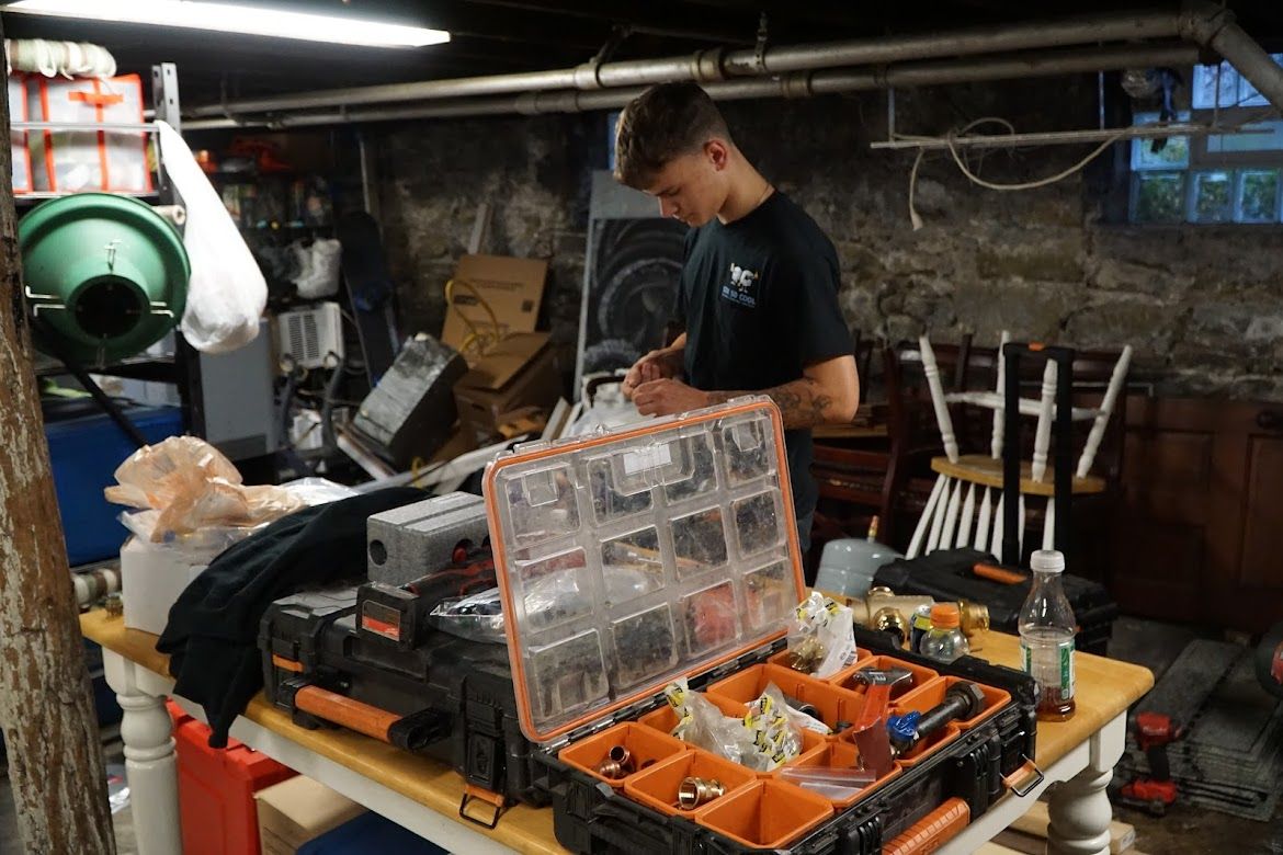 Technician Vacuum Pump Evacuates and Checking New Air Conditioner — Sewickley, PA — Sta So Cool HVAC