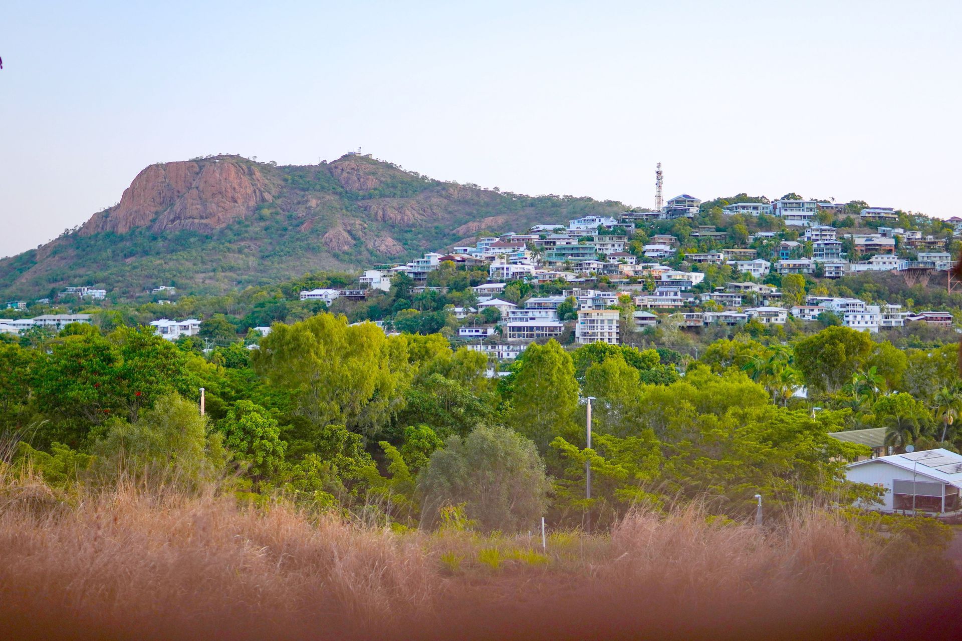 Hillside neighborhood with white houses, green trees, and a rocky mountain under a clear sky