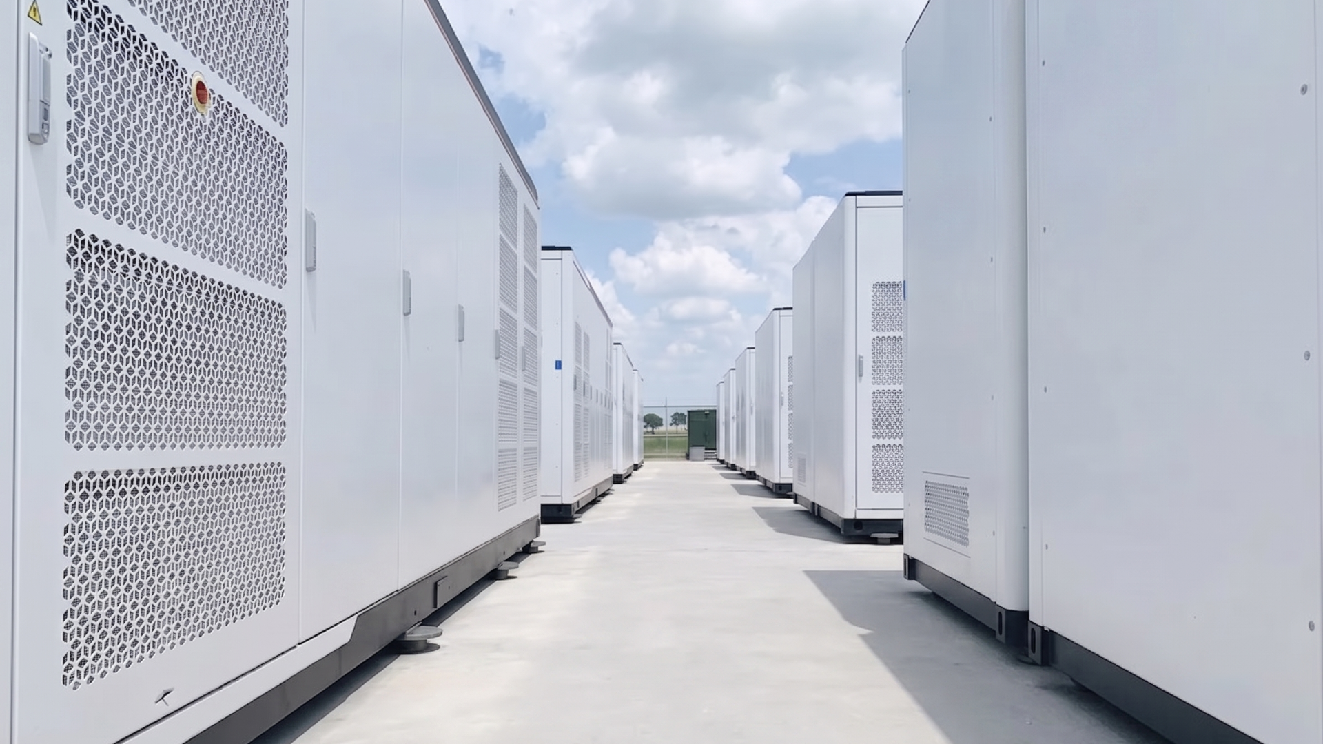Row of large white industrial containers lining a concrete path under a bright cloudy sky.
