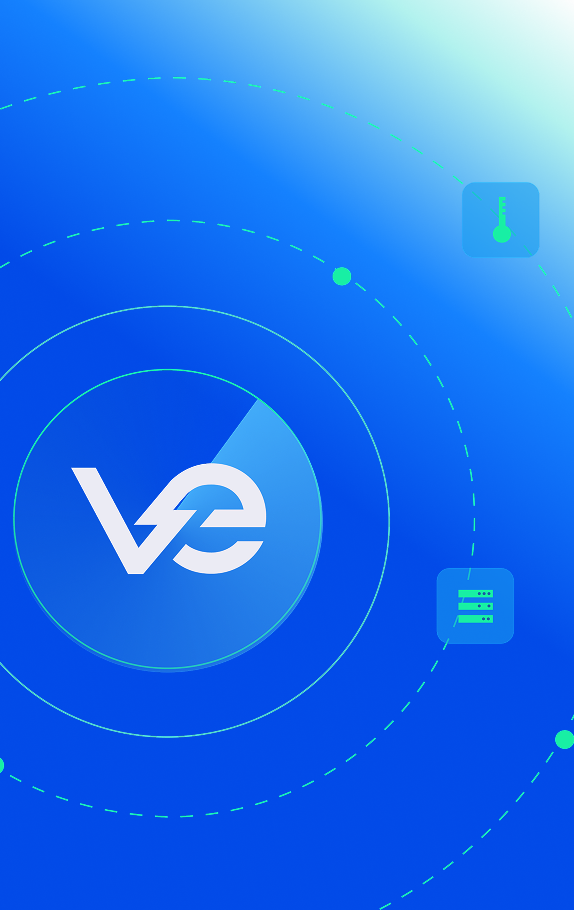 Blue tech-themed background with a circular VE logo and small interface icons