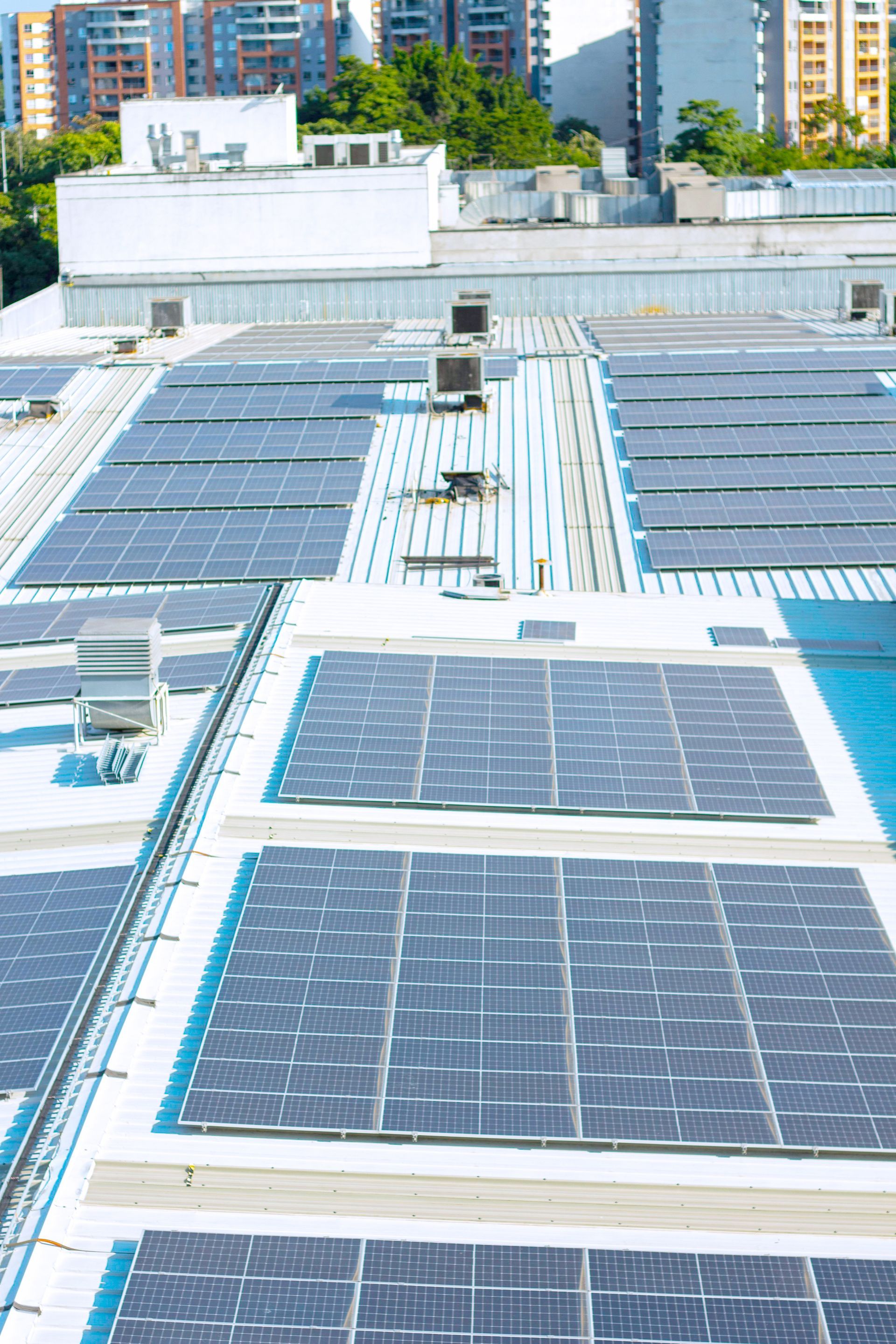 Solar panels covering a rooftop, with city buildings in the background.