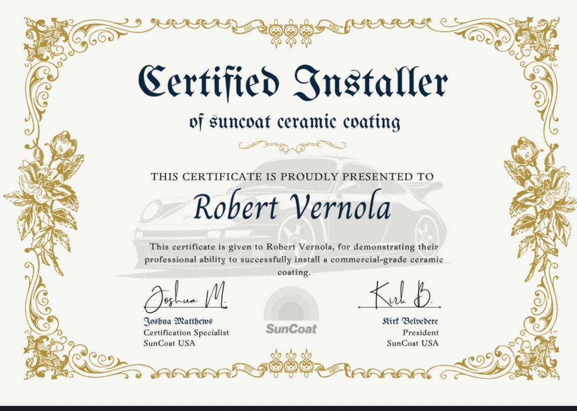 Certificate for nonouset ceramic coating presented to Robert Vernola, ornate gold border.