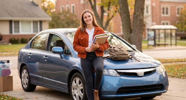 Person sitting on a blue car holding books and a backpack, parked in a residential neighborhood.