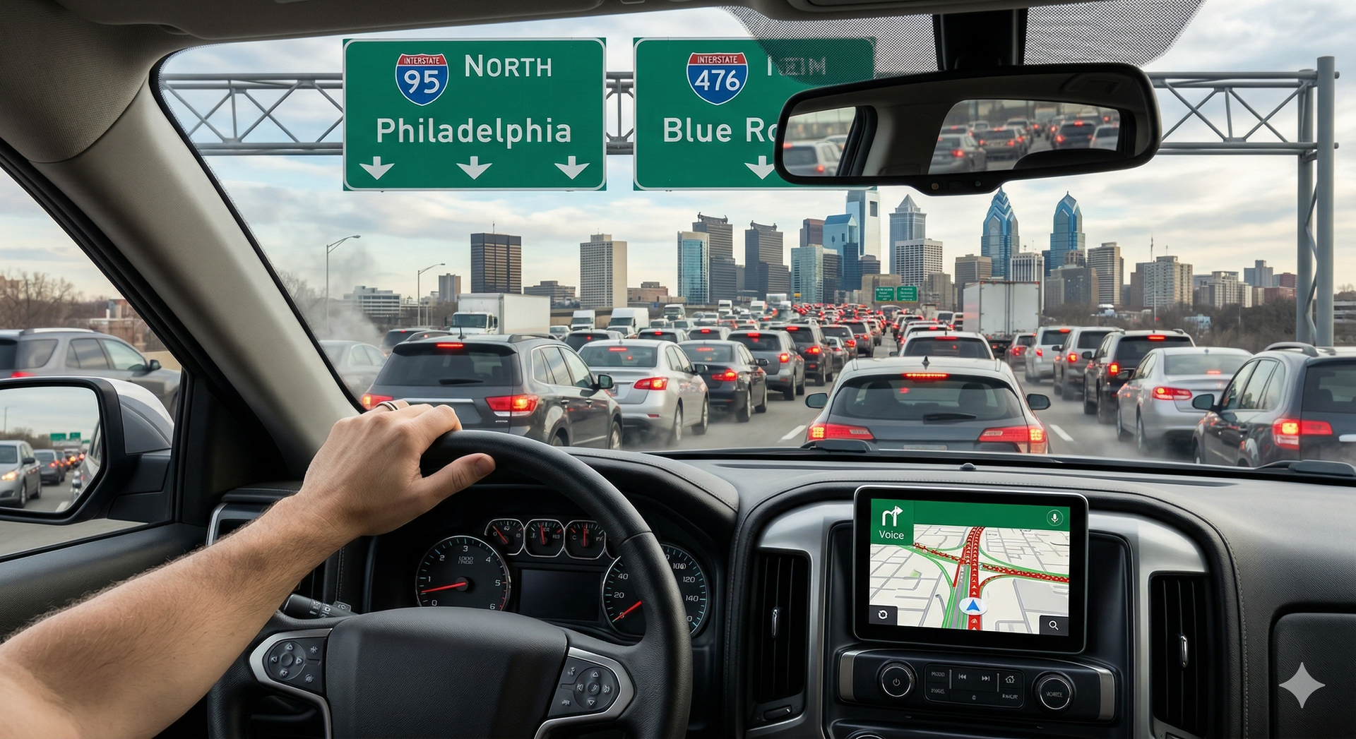 Driver on a busy highway toward Philadelphia, with city skyline ahead and GPS navigation on dashboard