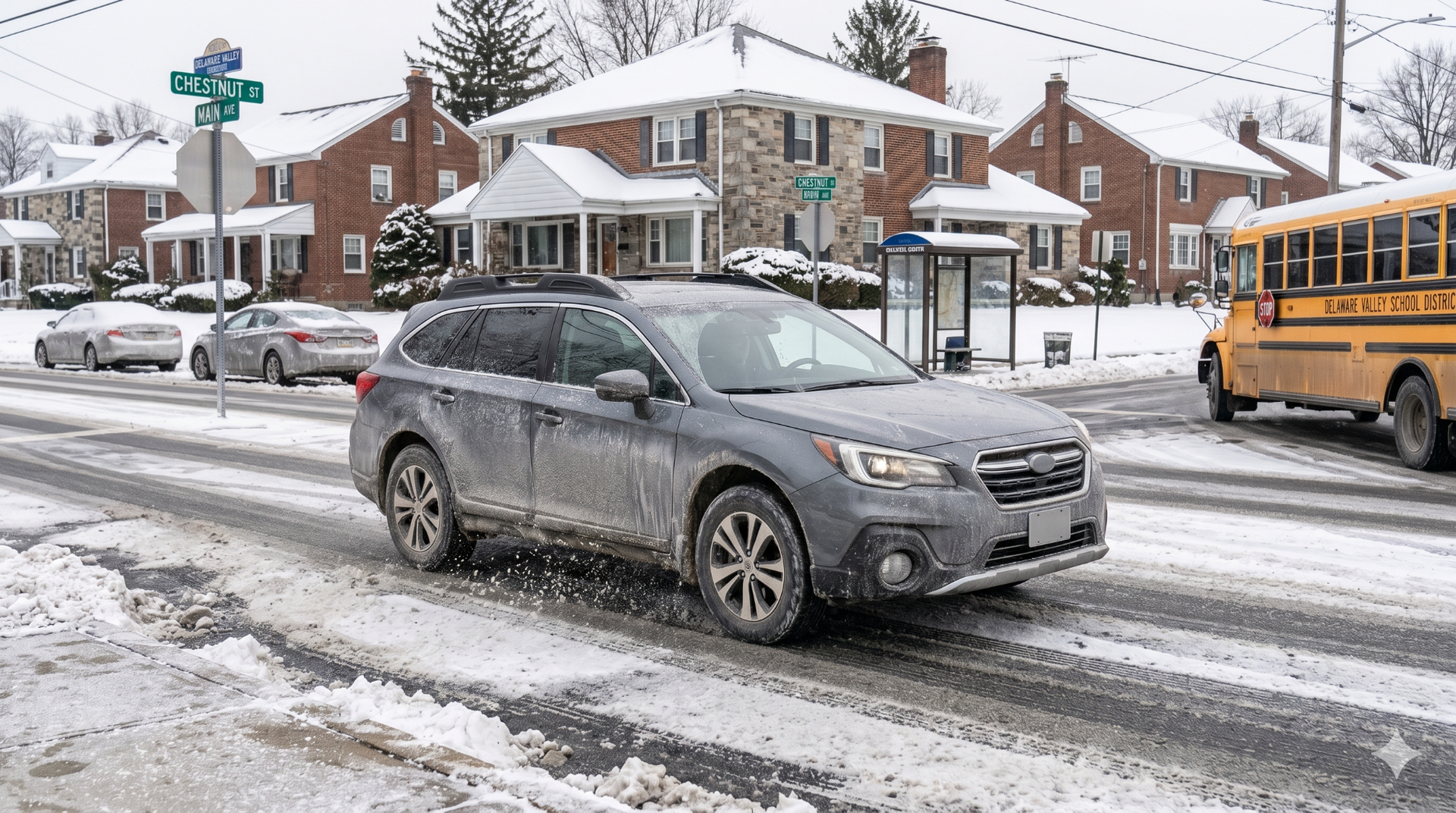 Gray SUV driving on a snowy residential street beside a yellow school bus and brick houses.