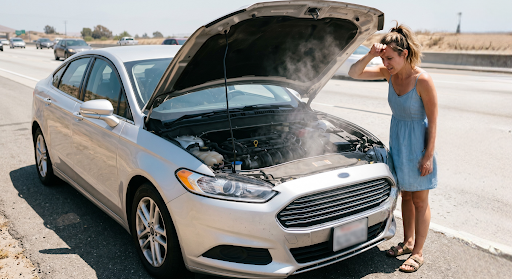 Person standing by a silver car with the hood open on a sunny roadside, inspecting the engine