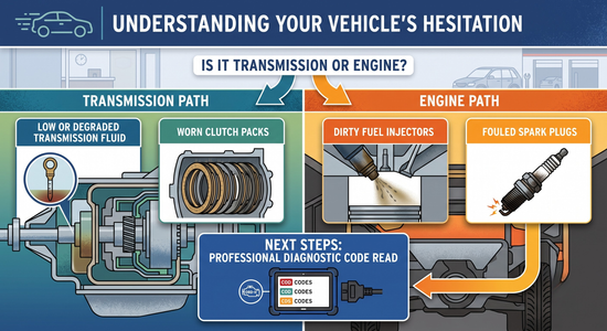 Infographic on vehicle hesitation, showing transmission, engine path, and next steps for a diagnostic code read.