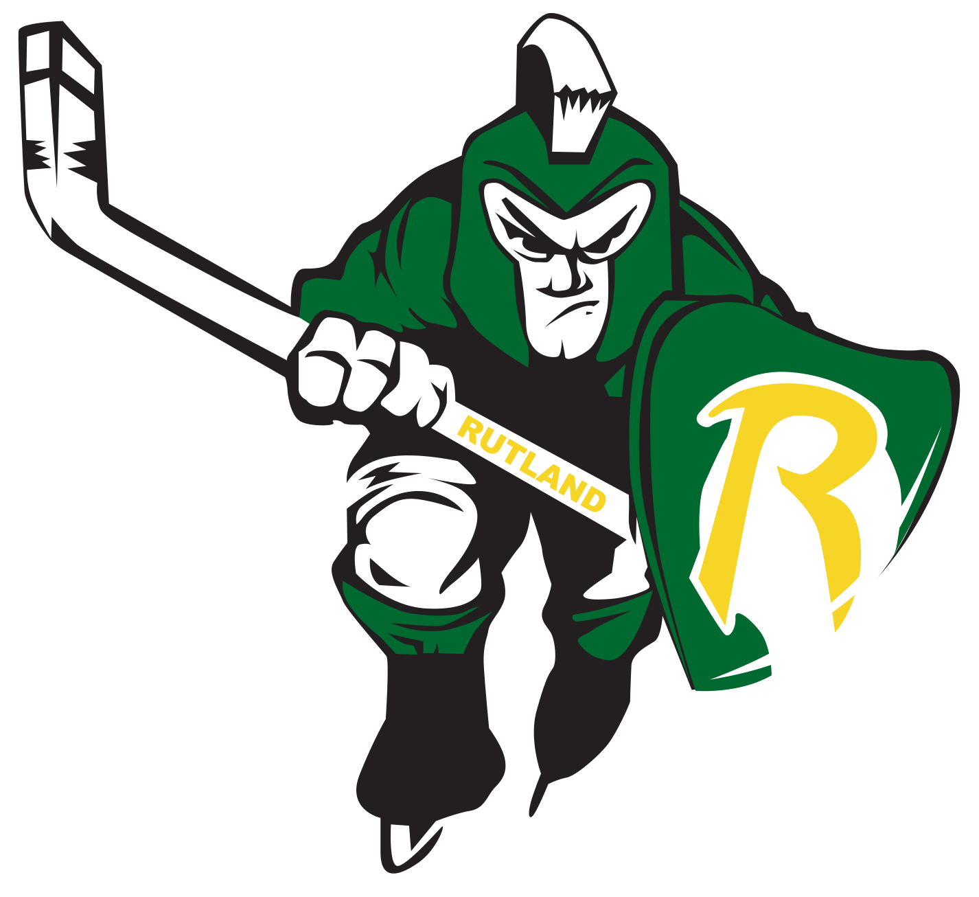 Green Spartan hockey player, holding a stick and shield with "Rutland" and "R" logo.