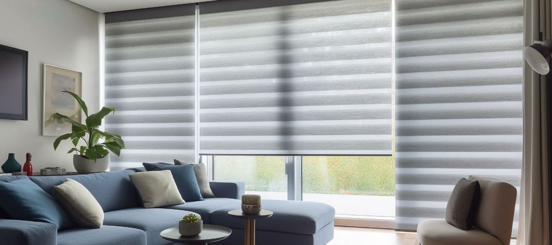 a living room with a blue couch and gray blinds on the windows All Window Decor (817) 448-3393.