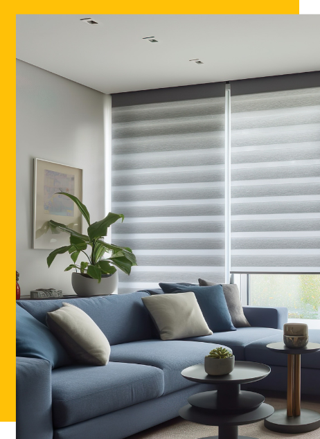 a living room with a blue couch and white blinds All Window Decor (817) 448-3393