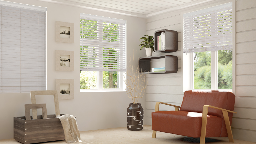 fabric blinds in a room with shiplap
