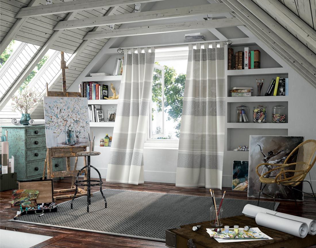 a living room with a painting easel in the corner and blowing drapery All Window Decor (817) 448-3393.