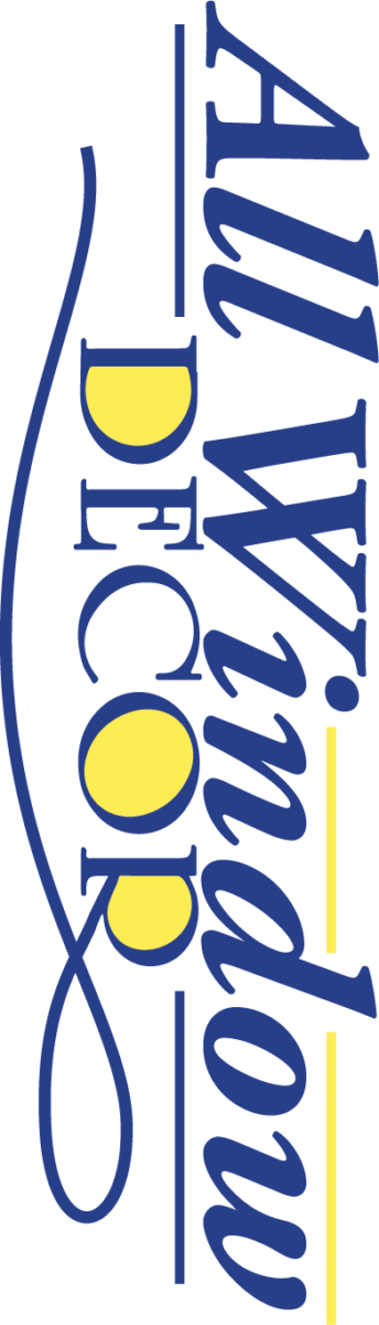 the logo for all window decor is blue and yellow. shades