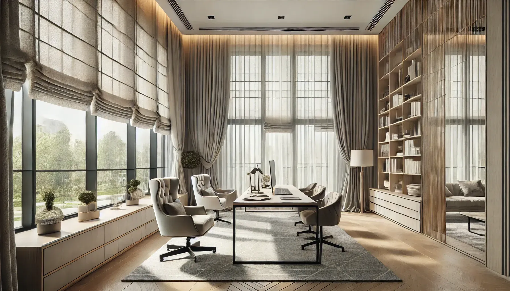Stylish Double-Layered Drapes with Roman Shades