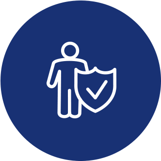 White person and shield checkmark icon on a blue circle background