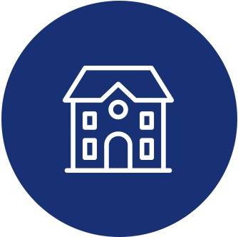 White house icon on a blue circular background, with a simple line drawing of windows and roof.
