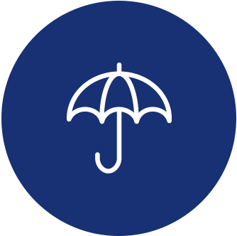 White umbrella icon on a blue circular background.