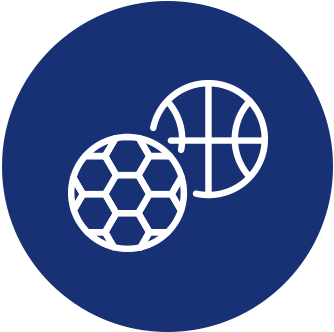 Blue circle with white soccer and basketball icons overlapping