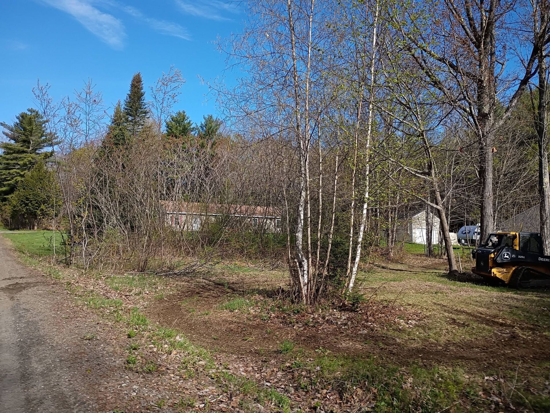 Gravel driveway beside birch trees and a house, with a yellow utility vehicle on the right under a blue sky